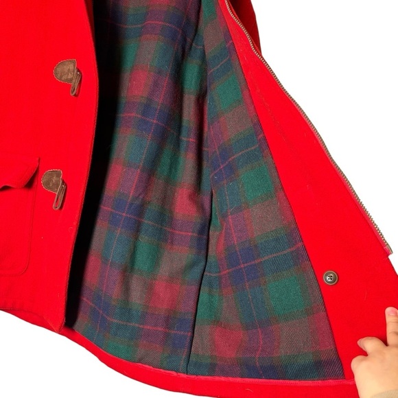 Vintage LL BEAN Wool Duffel Coat Toggle Jacket w/Hood Womens Red with Plaid - Picture 5 of 7